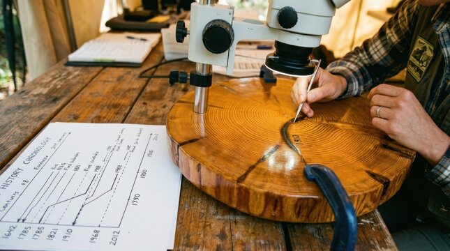 A wildfire ecologist counts tree ring fire scars on a cross-section of a ponderosa pine, using a dissecting needle to trace each scar chronology on the polished disk surface under