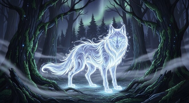 A glowing white wolf stands in a mystical forest at night
