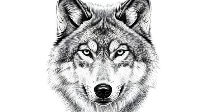 A detailed black and white illustration of a wolf's face