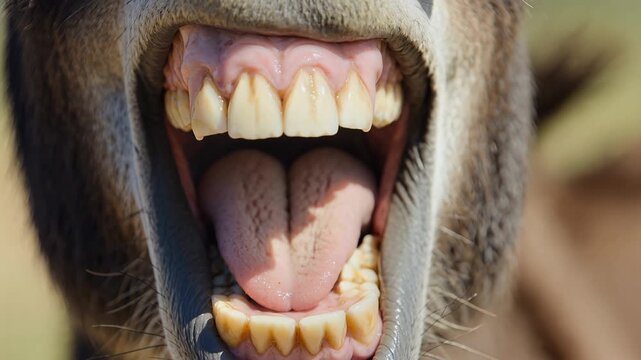 Close Up Macro Shot of Funny Donkey Teeth and Mouth Wide Open