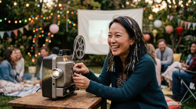 from a slightly low angle, the camera captures the joyful expression of a 40-year-old asian female host in the backyard, wearing tinsel in her hair as she engages with