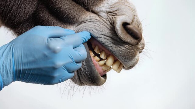Veterinary professional examining donkey teeth during animal health checkup