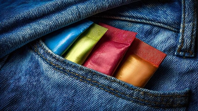 Condoms in colorful packaging sticking out of jeans pocket