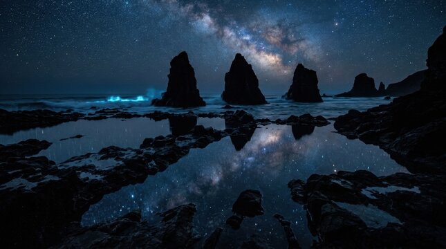A swarm of glowing plankton-filled waves crash against sea stacks at midnight, each breaking wave releasing electric blue bioluminescent light along its entire crest, foam pooling