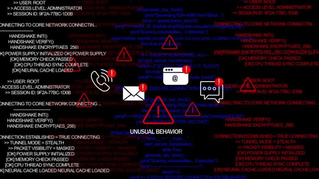 Unusual Behavior network behavior alert warning. Cybersecurity defense and secure digital systems protection against cyberattacks.on Black Background and features 4k Motion graphics video