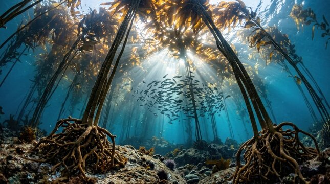 An underwater photograph looking upward at a dense kelp forest canopy from the seafloor, the holdfasts gripping rocky substrate in the foreground showing their root-like complexity