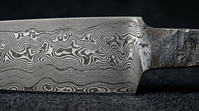 A macro photograph of a traditional Damascus steel blade cross-section polished and acid-etched to reveal its wootz carbon banding, the pattern of carbide-rich and carbon-poor