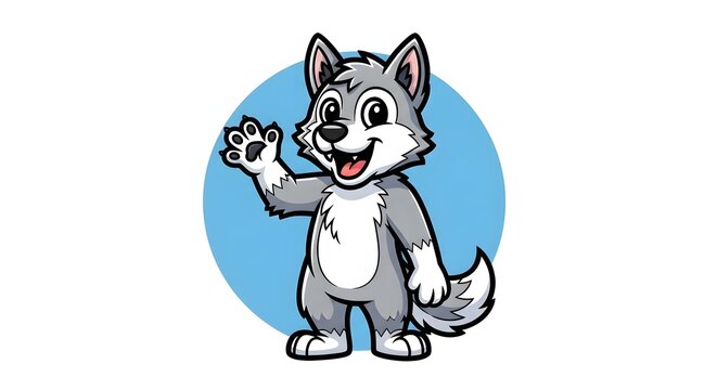 A cartoon wolf character waving in a blue circle on a white background
