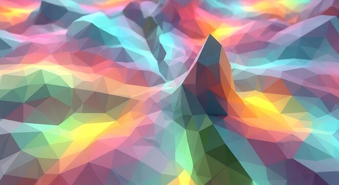 Abstract polygonal landscape with vibrant colors and a prominent central peak in a low poly style