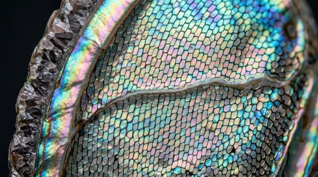 A macro photograph of a raw abalone shell interior showing its nacreous surface at extreme magnification, the aragonite platelet tiles of the nacre arranged in precise offset