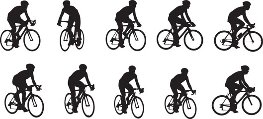 Naklejka premium Vector bicycle riders, cycling icons, bike silhouettes, athletic graphics isolated PNG with Transparent Background