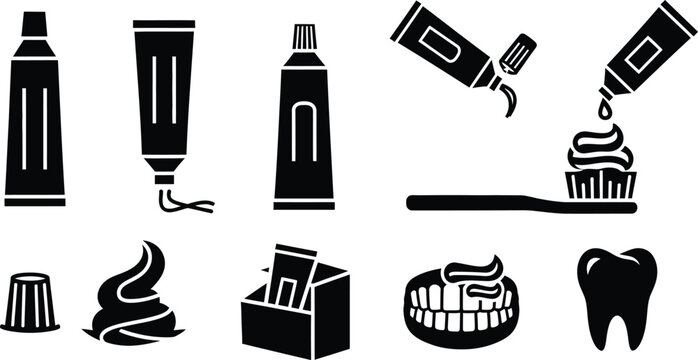 Toothpaste tube and dental hygiene icons with oral care with personal care with black and white