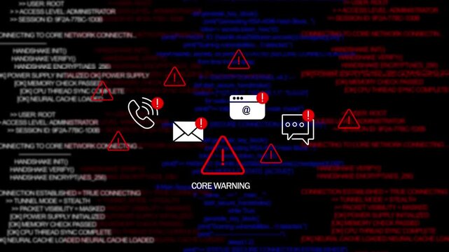 Digital core overheat alert icon with binary code background. The attention grabbing icon highlights the importance on Black Background and features 4k Animation video