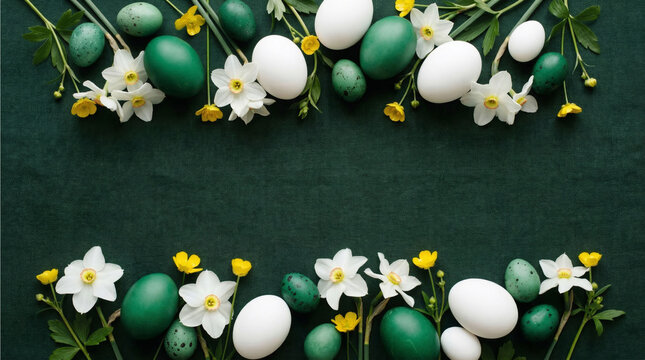 Easter egg frame with white narcissus and yellow buttercup flower on dark green background. Top view festive composition with holiday eggs. Seasonal botanical decoration for greeting card.