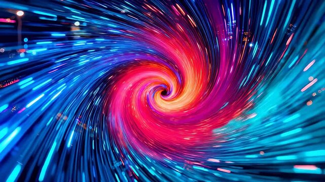 Abstract swirling colorful light vortex with red and blue rays
