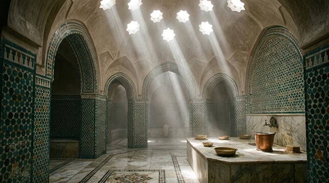 A traditional Moroccan hammam interior in full atmospheric detail, a vaulted ceiling pierced by star-shaped skylights casting precise beams of light through steam, hexagonal