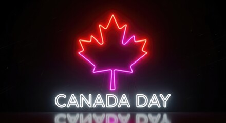 Canada day neon sign with maple leaf and dark background with digital art