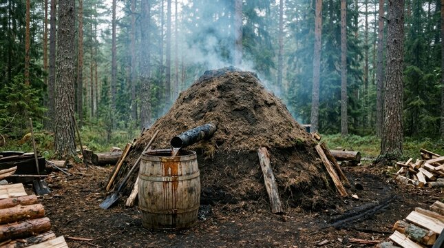 A traditional Scandinavian wood tar production kiln burns slowly in a pine forest clearing, the conical earthen mound sealing the smoldering wood pile with a single drain pipe at