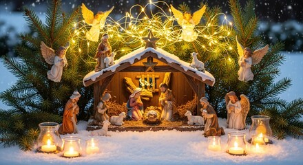 Fototapeta premium A beautiful miniature nativity scene display illuminated by golden fairy lights and candles.