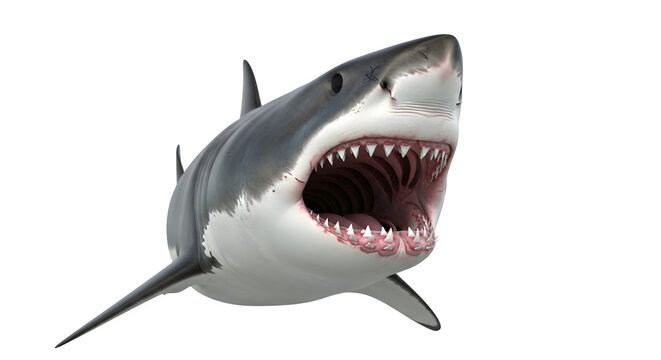 A large gray shark with its mouth open showing sharp teeth on a black background