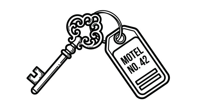 A vintage-style key with a decorative head and a motel room key tag hangs from a metal ring on a white background.