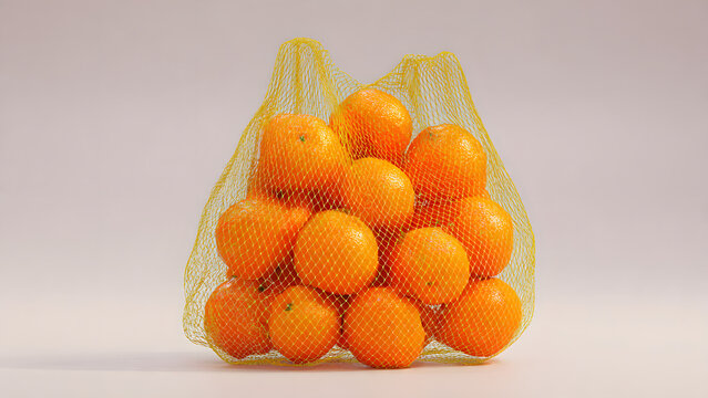  a group of fresh oranges packaged in a plastic mesh bag. Oranges or mandarins in a produce bag