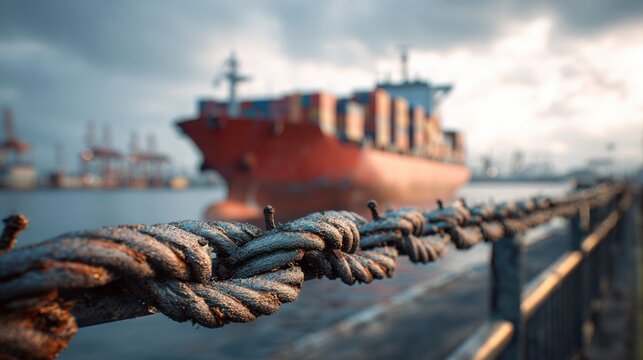 Focus on a Cargo Ship sailing to a destination with a sturdy old chain in the foreground, signifying a safe harbor