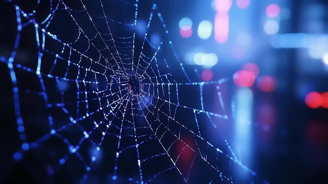Intricate Spiderweb Illuminated by City Lights at Night.