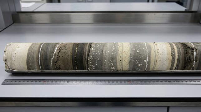 A cross-section visualization of a deep ocean sediment core sample laid horizontally, the extracted cylinder showing distinct stratigraphic layers from pale carbonate-rich glacial