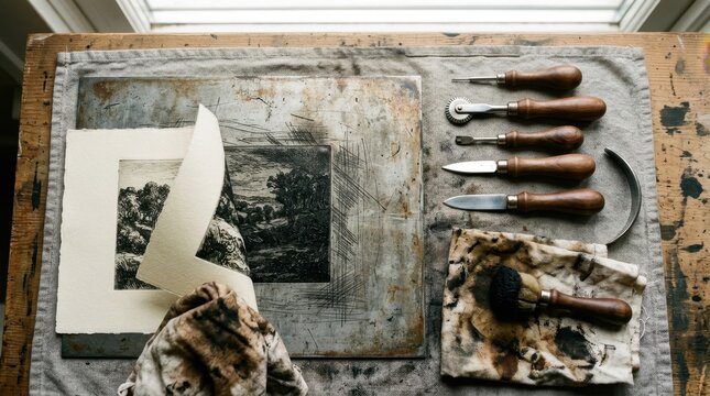 A precision flat lay of traditional printmaking tools on aged zinc etching plate, burnishers and roulettes arranged by size, a tarleton cloth for wiping ink beside a dauber, the
