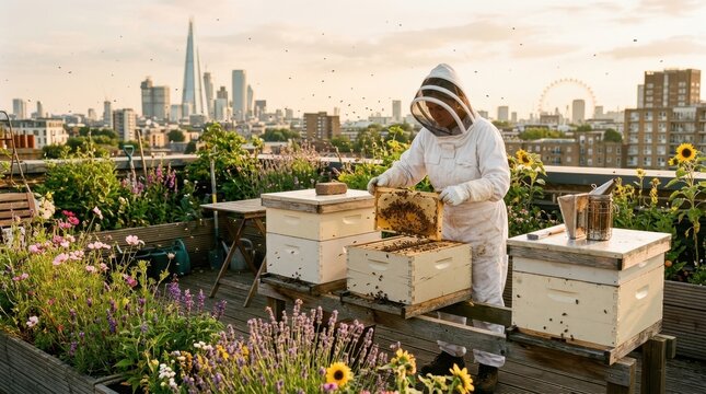 A compelling image of urban beekeeping on a city apartment rooftop, a beekeeper in a full white suit and veil tending to three traditional Langstroth hives, the city skyline