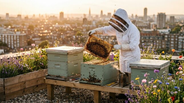 An urban rooftop beehive installation at golden hour, three Langstroth hive boxes painted in muted sage green sitting on a timber platform edged with wildflower planters in full
