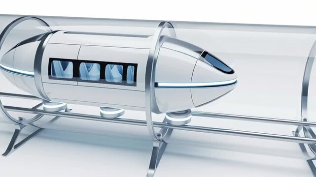 futuristic silver bullet train on elevated track with magnetic levitation