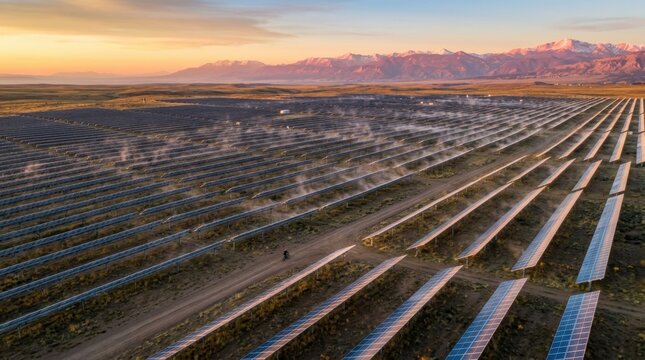 A solar farm stretches across a high-altitude plateau at sunrise, thousands of bifacial panels tilted at identical angles catching the first horizontal light, dew evaporating from