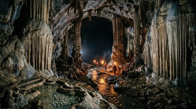 A vast underground limestone cave system interior, cathedral-scale chambers with stalactite columns descending to meet stalagmite formations from below, a subterranean river