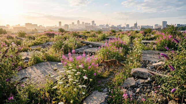 A rewilded urban brownfield site three years into natural succession, former industrial concrete slabs colonized by pioneer vegetation in a patchwork of willowherb, buddleia, and