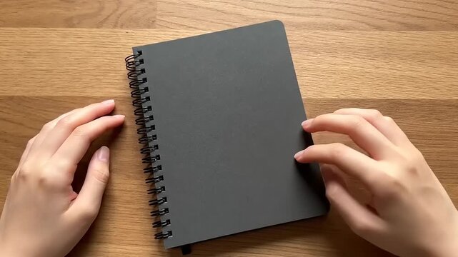 Hands holding gray spiral notebook.