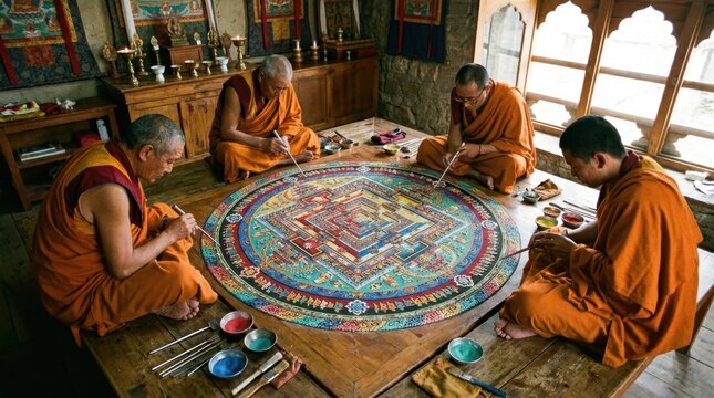 A contemplative image of a Tibetan Buddhist sand mandala in its final stages of completion, four monks in saffron robes working simultaneously from four cardinal points using metal