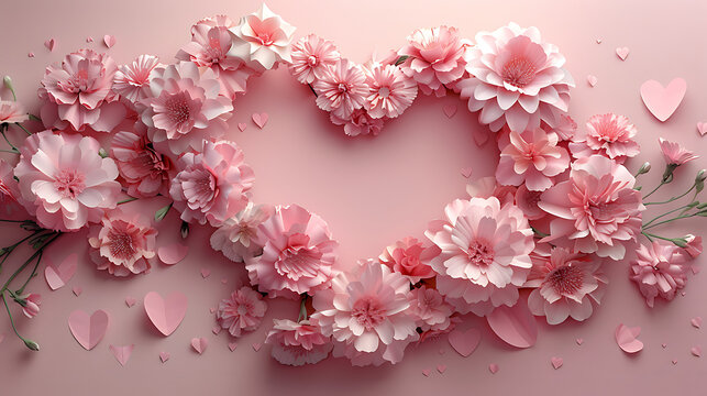 Large heart shaped floral frame for Mother's Day with pink paper flowers and negative space for romantic holiday text.