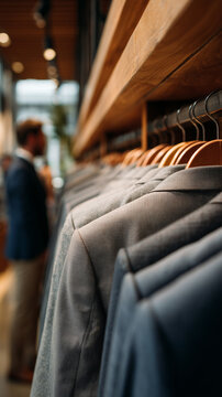 Clothing rack with neatly arranged jackets and blurred shopper, conveying retail order, selection, style, texture, quiet luxury, and browsing appeal.