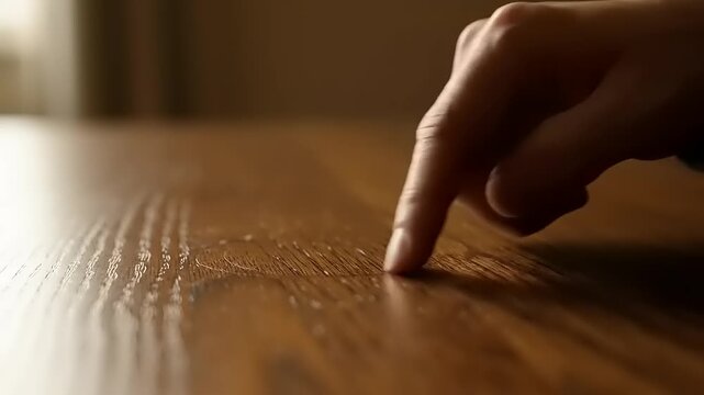 Hand touching wooden table surface.
