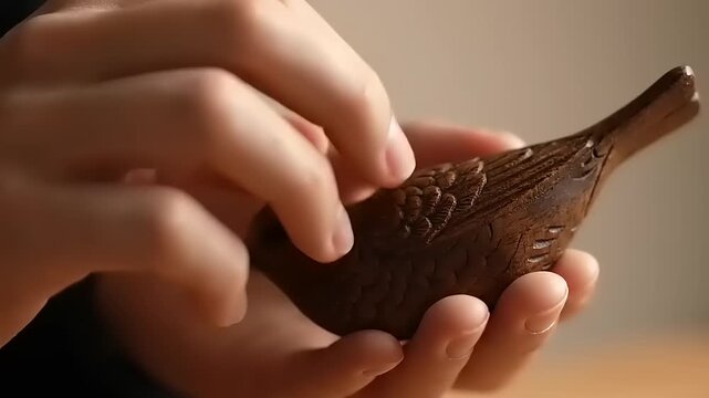 Hands holding small brown wooden bird.