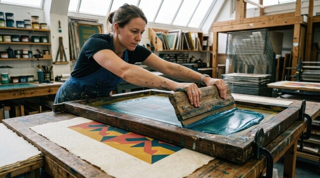 A large-format printmaker pulls a squeegee across a silkscreen stretched over a vintage wooden frame, the ink depositing in a perfectly even layer onto handmade paper below, the