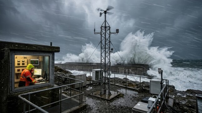 A coastal storm surge monitoring station during an extreme weather event, the instrument mast showing wind speed and direction sensors spinning at maximum range, the sea wall