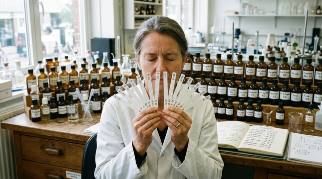A master perfumer evaluates fragrance strips in a laboratory, twenty white blotter strips fanned between the fingers of both hands raised to nose level, amber and clear bottles