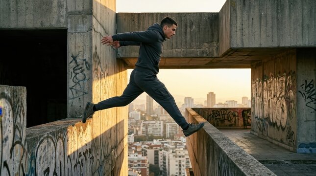 An editorial image of urban parkour in motion, a young male athlete mid-traverse across a brutalist concrete urban landscape, body fully extended in a precision jump between two