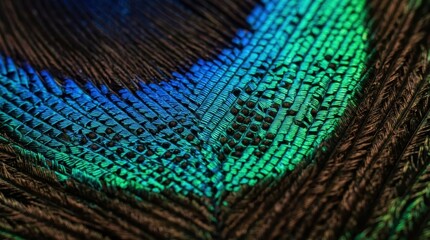 Obraz premium An extreme macro of a peacock feather eye detail showing the nanostructure responsible for its iridescent color, the barbule branches creating a two-dimensional photonic crystal