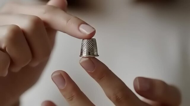 Hands holding small metal thimble closeup.