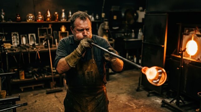 A master glassblower at the peak of a blow, molten gather glowing orange-white at the end of a five-foot iron pipe, the craftsman's cheeks puffed and eyes focused intensely, the