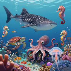 Fototapeta premium Pastel Art Sea Kid. Whimsical Cartoon Underwater Scene Featuring Cute Ocean Animals Like Whale Sharks, Turtles, Octopuses, Jellyfish, Seahorses, And Vibrant Coral